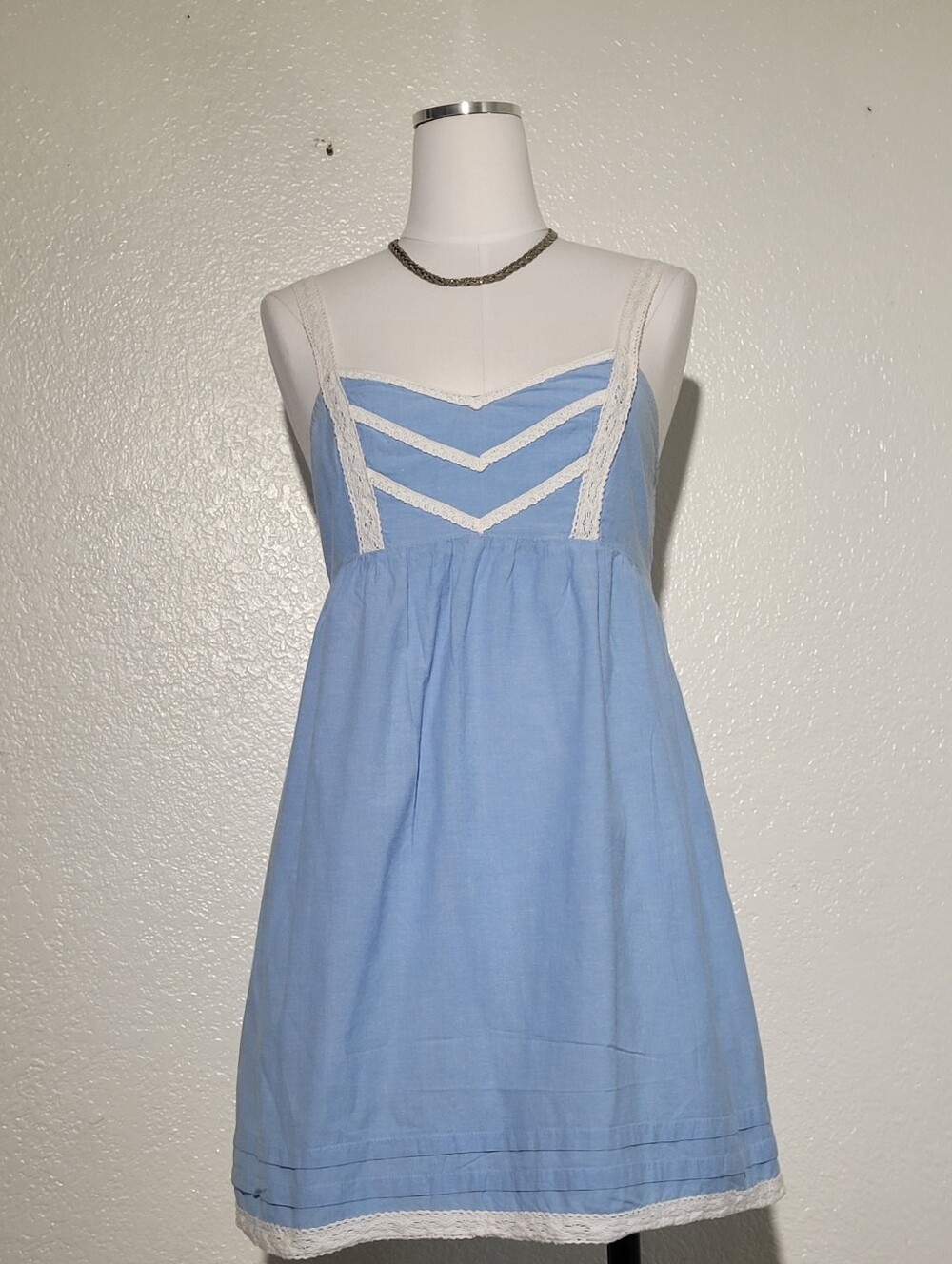 I Love H81 Light Blue Sleeveless A-Line Summer Votton Dress with Lace Trim Med